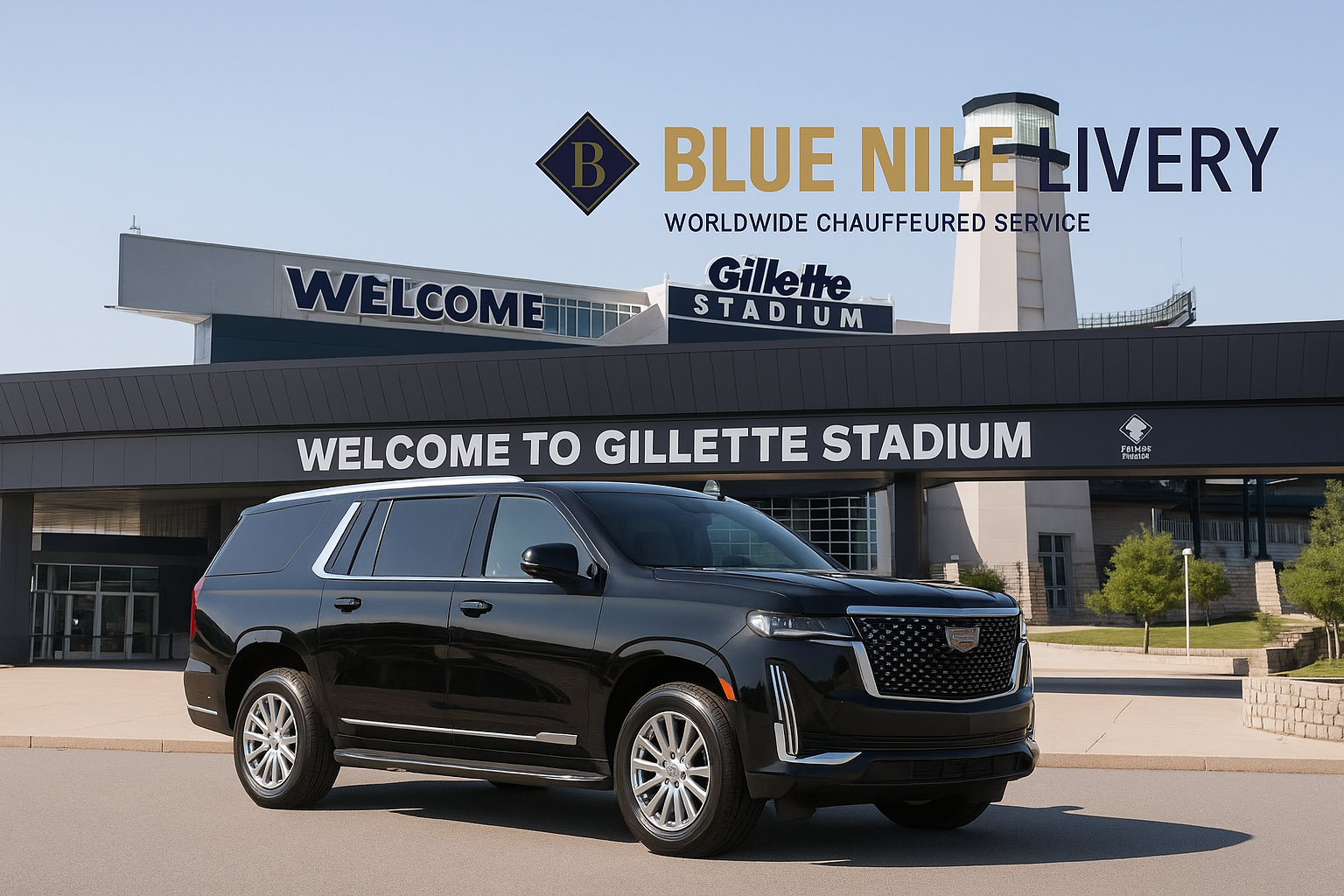 A black Cadillac Escalade SUV parked in front of the main entrance at Gillette Stadium, with the Blue Nile Livery logo and tagline overlaid on the image.