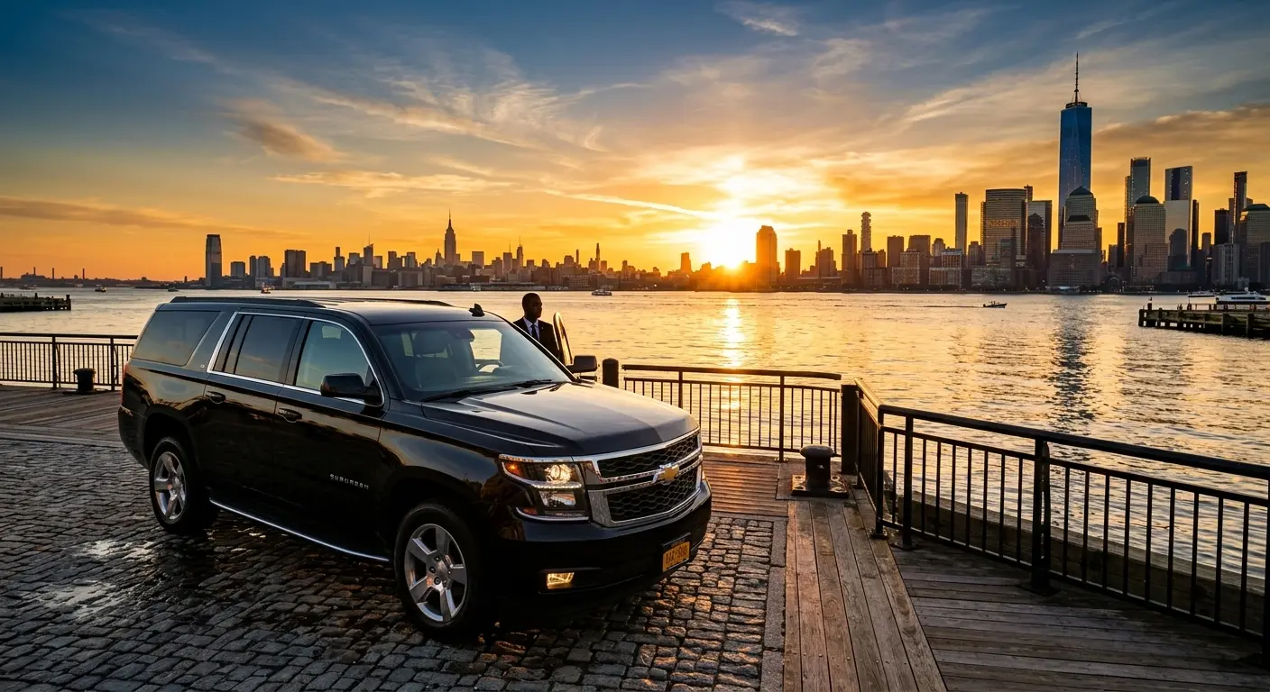 Black Chevrolet Suburban at the West Side piers with the Manhattan skyline