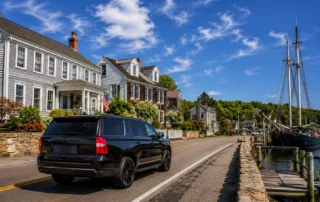 Black SUV driving along a scenic New England coastal road by a harbor.
