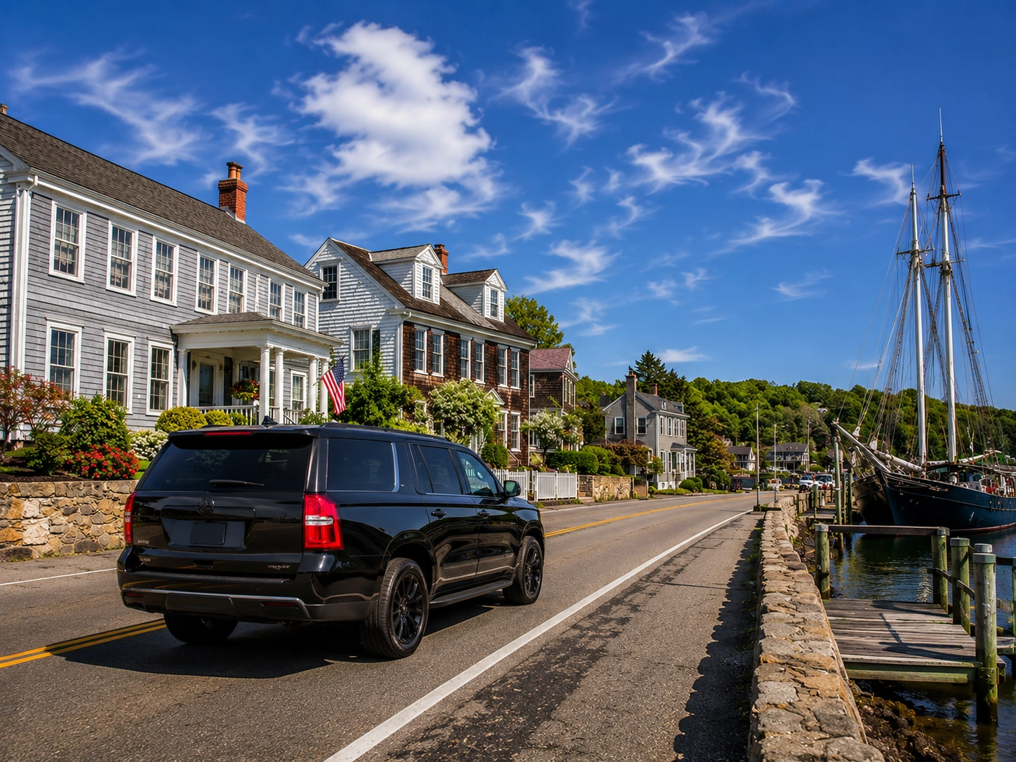 Black SUV driving along a scenic New England coastal road by a harbor.