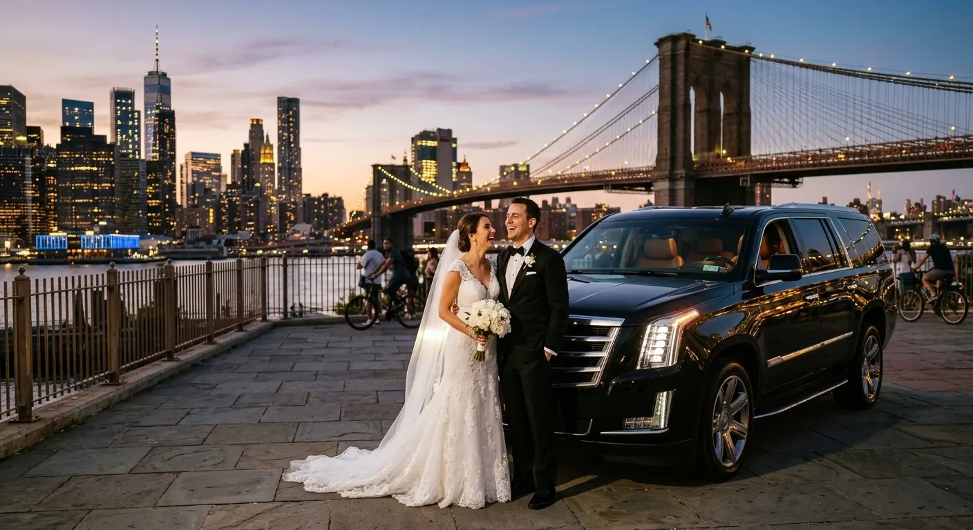 Bride and groom at the Brooklyn Bridge overlook for a downtown skyline photo