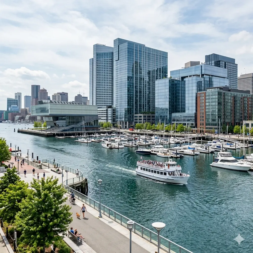 Contemporary waterfront skyline of the Boston Seaport District featuring luxury architecture and Harborwalk views