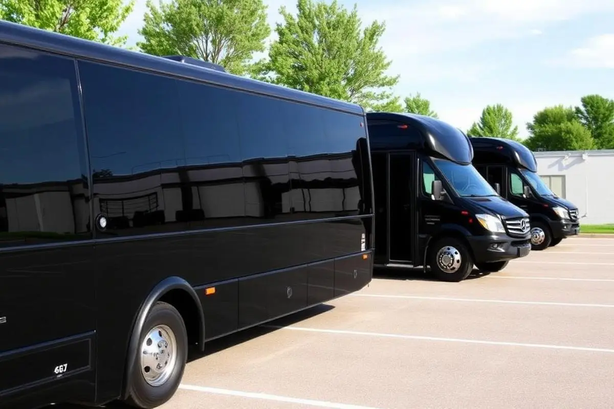 Fleet of luxury black party buses parked outdoors in Boston