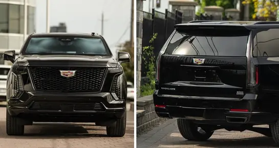 Front and rear views of a black Cadillac Escalade from the Blue Nile Livery Premium SUV fleet