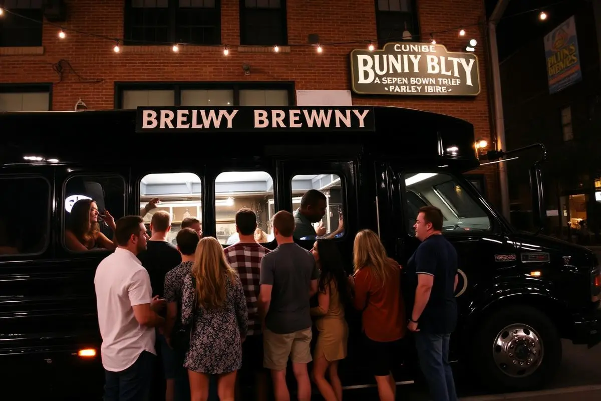Group of friends boarding a luxury party bus outside a brewery at night