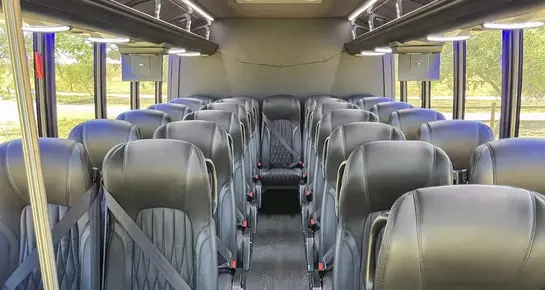 Interior of a 28-passenger Executive Mini Coach featuring leather reclining seats and individual overhead reading lights
