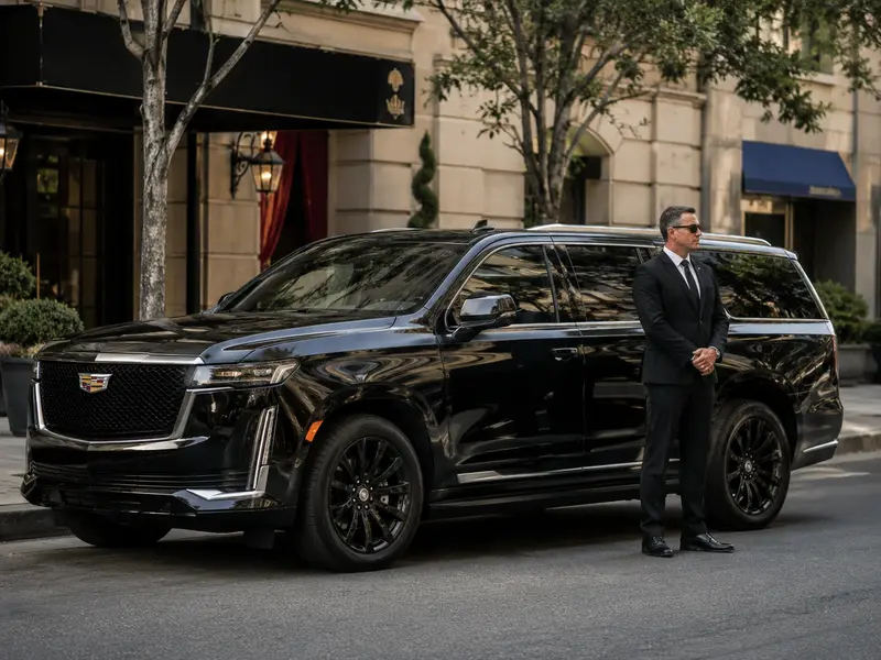 Luxury black SUV with professional chauffeur standing beside the vehicle on a city street. (2)