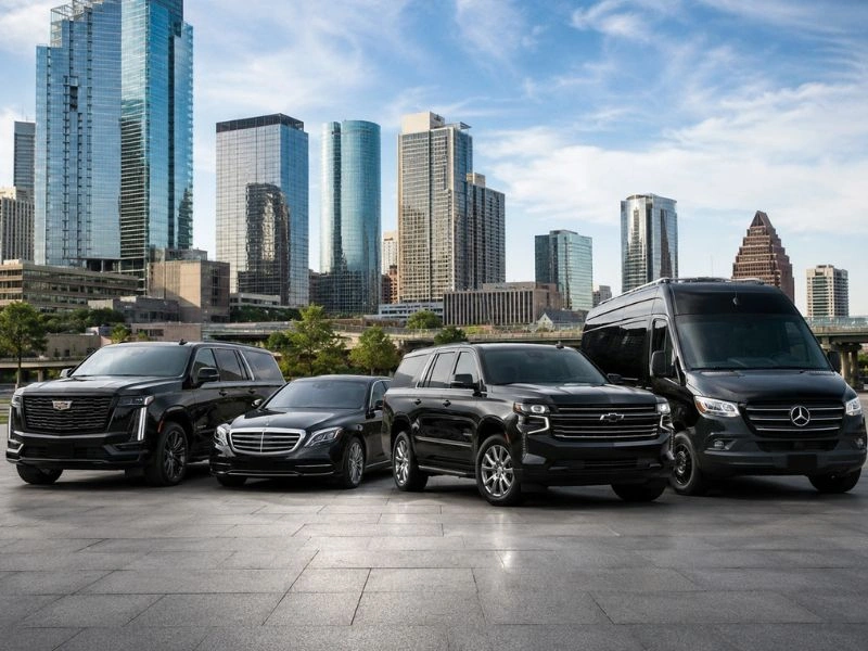 Luxury black SUVs, sedan, and Sprinter van parked in front of a modern city skyline. (2)