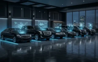 Luxury black vehicles in Boston garage with holograms