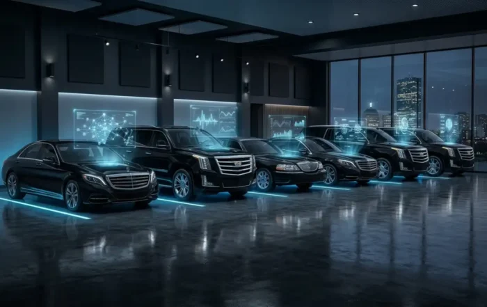 Luxury black vehicles in Boston garage with holograms