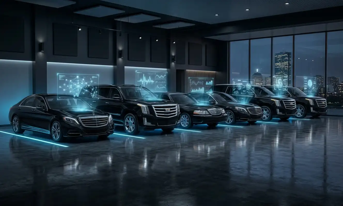 Luxury black vehicles in Boston garage with holograms