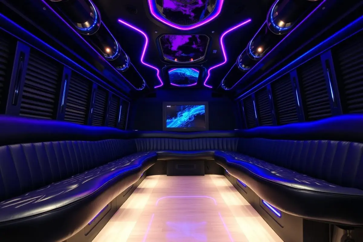 Luxury party bus interior with leather seating, ambient LED lighting, and flat screen TV