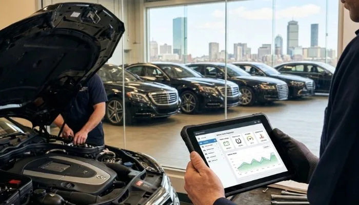 Manager monitors fleet diagnostics on a tablet in Boston workshop