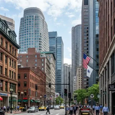 Professional street view of Boston's Financial District featuring historic architecture and modern skyscrapers for executive car service
