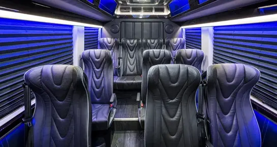 Rear view of a high-roof black Mercedes-Benz Sprinter executive van parked on a city street