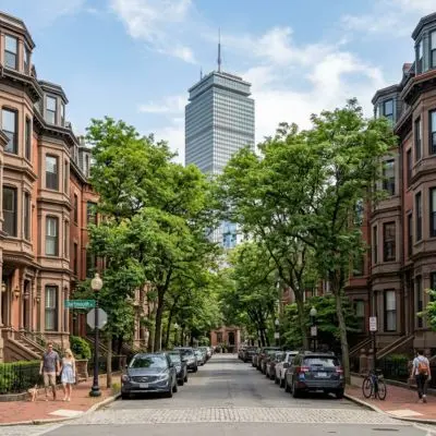 Scenic Back Bay street with historic brownstones and the Prudential Center in Boston