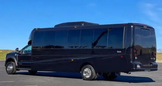 Sleek black Executive Mini Coach with tinted windows and professional styling for high-capacity group transfers