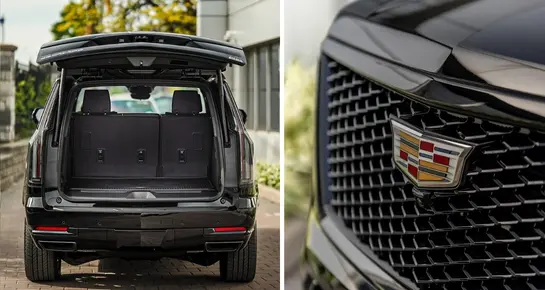 Spacious trunk of a Cadillac Escalade showing ample luggage capacity for airport transfers and group travel