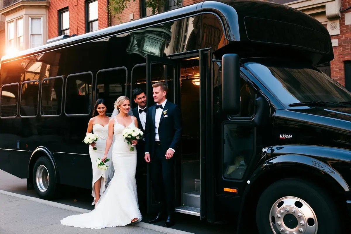Wedding party stepping out of a luxury black party bus in Boston