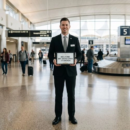 airport chauffeur holding welcome sign for arriving passenger Car Service near me