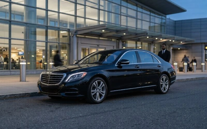 black benz s-class at terminal at dusk black benz s-class at terminal at dusk