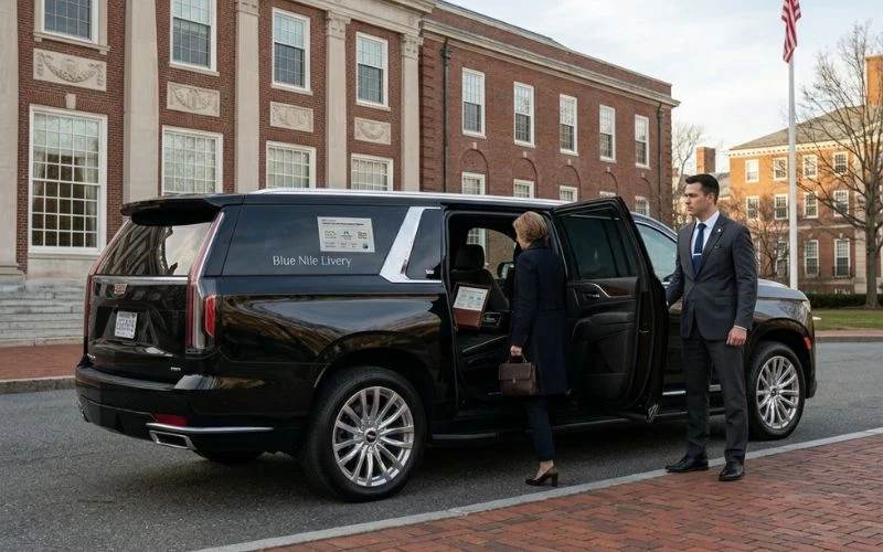 chauffeur assists passenger at black suv outside building
