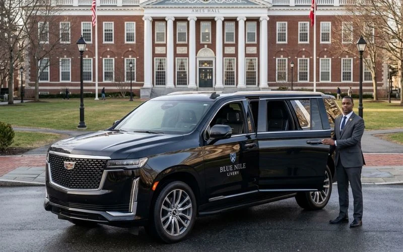 chauffeur holds door for black executive suv outside ames hall