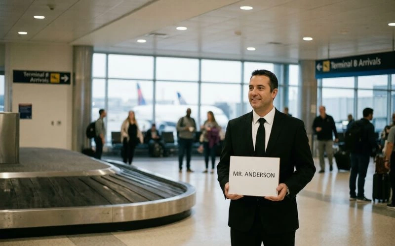 chauffeur holds mr anderson sign at airport terminal