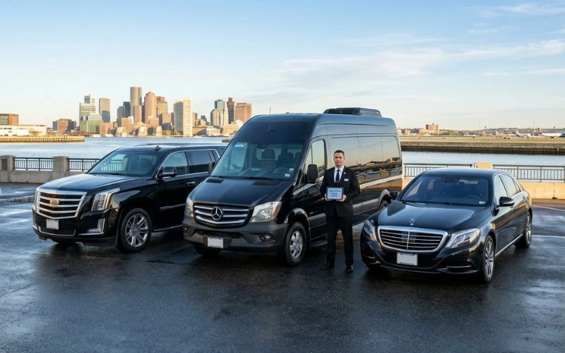 chauffeur holds sign by black vehicle fleet and skyline