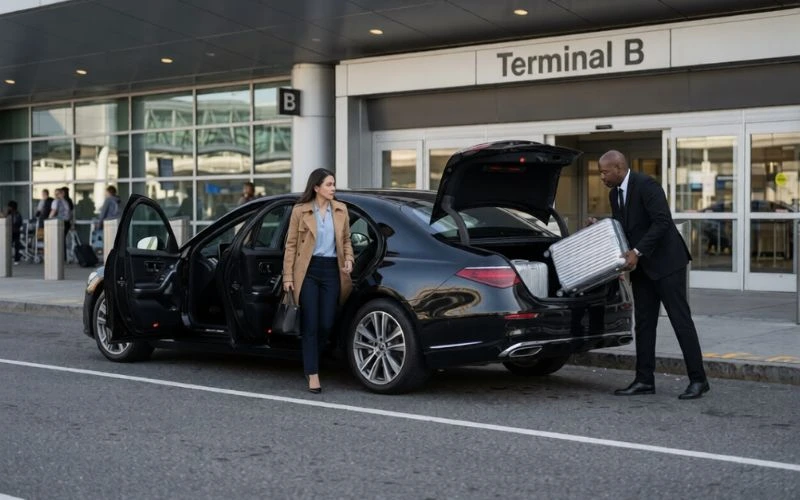 chauffeur loads luggage into benz at terminal b