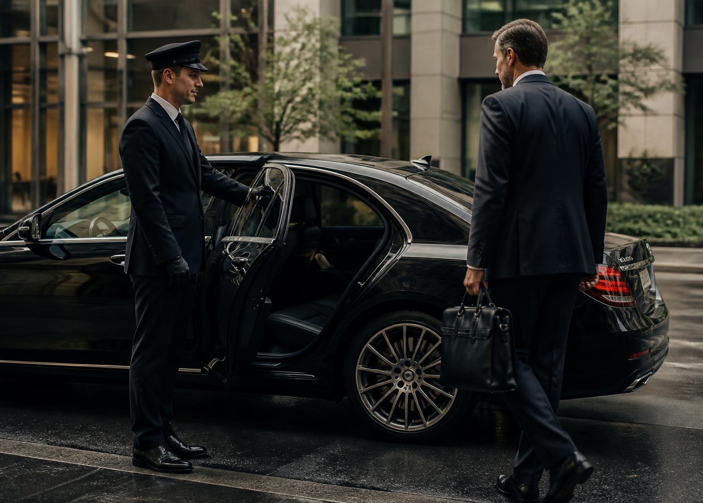 Chauffeur opening door for corporate client