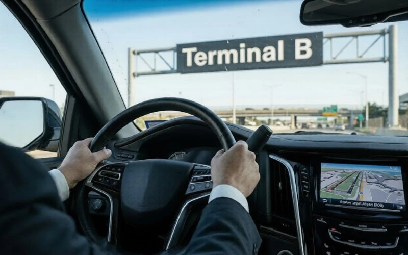 hands on steering wheel near terminal B sign