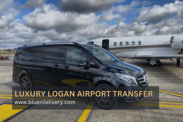 Luxury black Mercedes van providing Logan Airport transfer service, parked near a private jet with Blue Nile Livery branding. Luxury black Mercedes van providing Logan Airport transfer service, parked near a private jet with Blue Nile Livery branding.