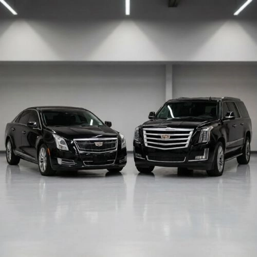 two luxury black executive vehicles in private garage Luxury Black Car Service